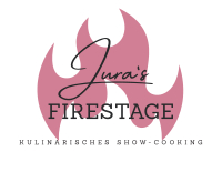 Logo mit einer stilisierten Flamme in altrosa und dem Schriftzug "Jura’s Firestage - kulinarisches Show-Cooking".