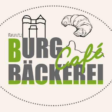 Logo der Burgbäckerei in grau und grün. Über dem Schriftzug "Burg Bäckerei Café" ist eine Zeichnung der Burg Greifenstein und ein Croissant zu sehen.